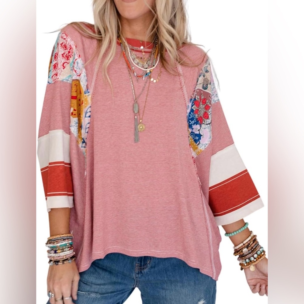 NEW “Evaless” oversized casual women’s top with block/patchwork sleeves